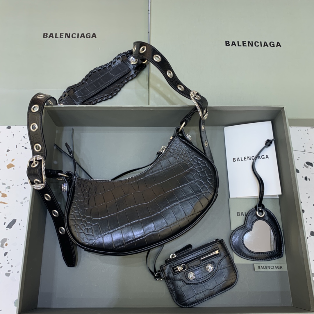 Balenciaga Le Cagole XS Shoulder Bag Crocodile Embossed Rhinestones Black 